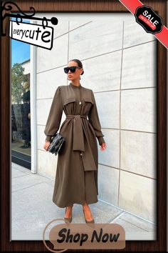 High Neck Cardigan Long Sleeve Elegant Dress Khaki Dress For Fall, Khaki Fall Dress, Solid Color Khaki Fall Dress, Fall Long Sleeve Single-breasted Jacket Dress, Fall Single Breasted Long Sleeve Jacket Dress, Belted Long Midi Dress For Fall, Fitted Solid Color Shirt Dress For Fall, Chic Fall Shirt Dress With Pockets, Knee-length Khaki Dress For Fall