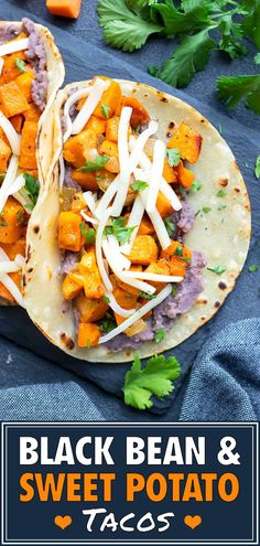 two black bean and sweet potato tacos with cilantro