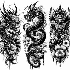 three dragon tattoo designs on white background