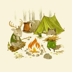 two animals are camping in the forest by a campfire with a tent and firewood