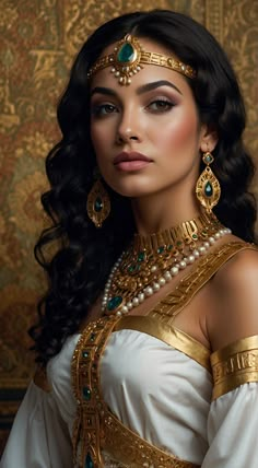 a woman with long black hair wearing an elaborate gold and green necklace, earrings and headpiece