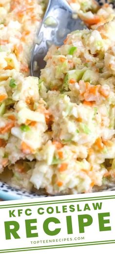 a close up of a bowl of coleslaw salad with a spoon in it