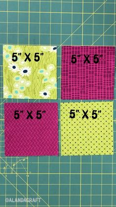 four squares are shown with the measurements for each quilter's size and width