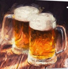 two mugs of beer sitting on top of a wooden table