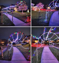 four different pictures of christmas lights on a house's front yard and driveway at night