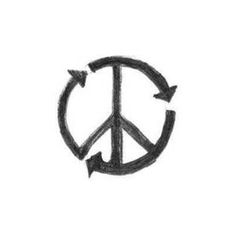 a peace sign drawn in black ink with arrows pointing up to the right and left