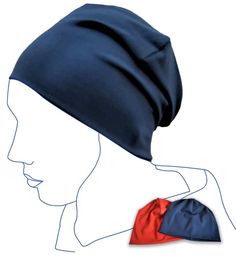 a mannequin head wearing a blue and red hat