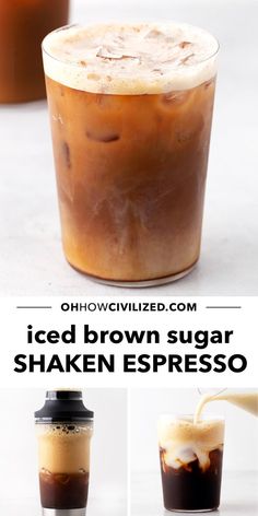 iced brown sugar shaker espresso in a glass with ice and caramel