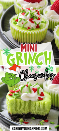 Grinch Cheesecake Bites, Grinch Baking Recipes, Grinch Treats Desserts, Grinch Brownies Recipe, Christmas Cheesecake Mini, Easy Christmas Deserts With Kids, Cheap Christmas Baking, Grinch Treats For School, Grinch Cupcakes Easy