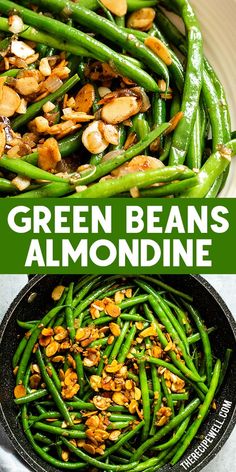 green beans and almonds in a skillet with the title overlay above it