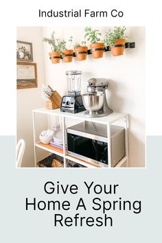 a kitchen area with a microwave, blender and potted plants on the wall