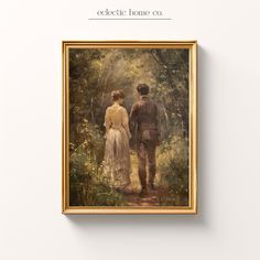 a painting of a man and woman walking in the woods with text that reads eclectic home co