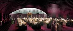 an artistic rendering of a dining hall with tables and people in the center surrounded by red brick walls