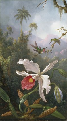 a painting with flowers and birds in the background