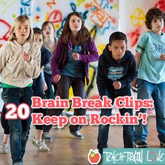 there are many children in the room playing with each other and text reads brain break clips keep on rockin '