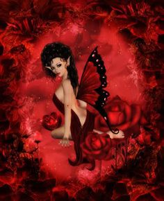 a red fairy sitting on the ground with roses in front of her and holding a butterfly