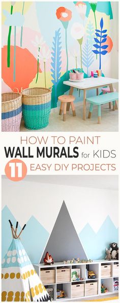 two pictures with the words how to paint wall murals for kids 11 easy diy projects