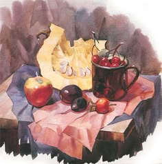 a painting of apples, cherries and cheese on a table cloth with a bag