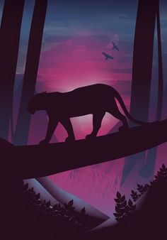 a silhouette of a tiger walking across a forest