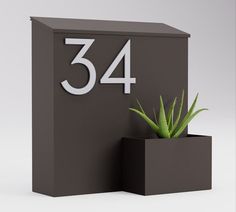 a plant in a black box with the number 34 on it's front side