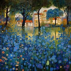 a painting of blue flowers and trees with buildings in the background