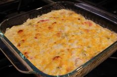 a casserole dish sitting on top of an oven