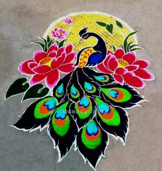 Simple rangoli design | unique rangoli design Rangoli Designs Peacock Latest, Peacock Rangoli Designs Diwali Latest, Creative Rangoli Designs For Competition, Rangoli Peacock Design, Rangoli Designs Latest For Diwali, Latest Rangoli Designs Creative, Rangoli Ganpati, Peacock Rangoli Designs, Peacock Rangoli Design