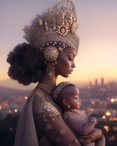 a woman holding a baby in her arms with the sun setting behind her and buildings in the background