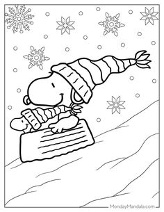 a coloring page with a cartoon character in the snow