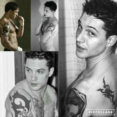 three different pictures of men with tattoos on their chests and arms, one in black and white the other in color