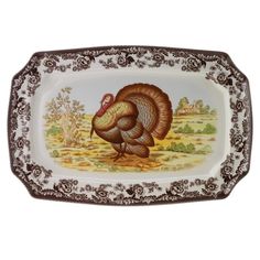 a turkey platter on a white background with brown trimmings and an ornate border