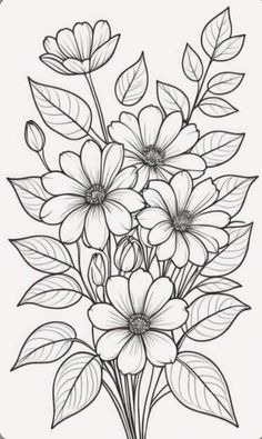 a bouquet of flowers with leaves on the stems in black and white coloring book page