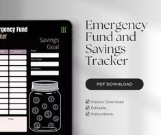 the emergency fund and savings tracker is displayed on a tabletop next to an image of a mason jar