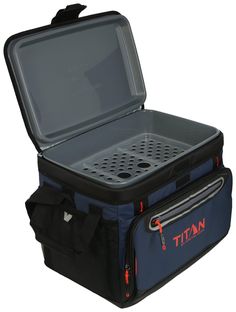 a cooler bag with the lid open to show it's inside compartments and handles