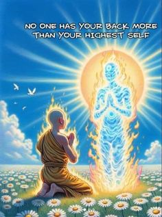 a buddha sitting in front of a fire with the words, no one has your back more than your highest self