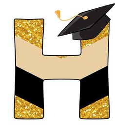 the letter h is decorated with gold glitter and a graduation cap on top of it