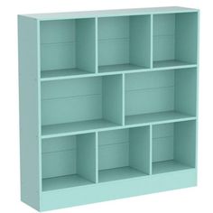 a blue book shelf with six compartments