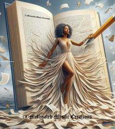 an image of a woman in a dress holding a large book and flying paper birds