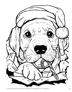 a dog wearing a santa claus hat and holding a bone in its mouth, coloring page