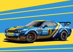 a blue and yellow muscle car with stripes on it's side, in front of a striped background