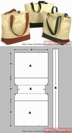 three tote bags are shown with the measurements for each bag and one is cut out