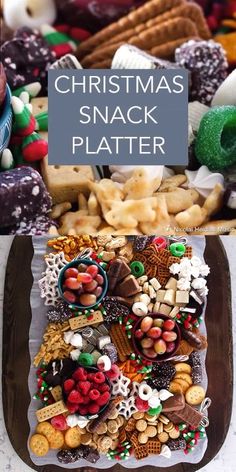 a christmas snack platter with cookies, pretzels and crackers on it