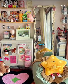 a child's bedroom with stuffed animals and toys