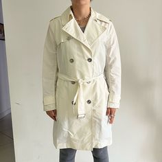 Sample, Pre Owned But Great Condition White/Off White Color Silver Button Details Person In Picture Is Size 6 (Jacket Is Size 8) Ralph Lauren Black Label, Silver Buttons, Off White Color, Black Label, White Color, Trench Coat, Jackets & Coats, Jackets For Women, Ralph Lauren