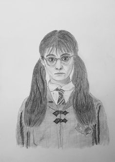 a pencil drawing of a girl with glasses and a tie in front of a white background