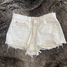 Brand New, Never Worn With Tags! Size: 28 Color: White/Ivory Detail: Denim Shorts With Lace Pocked Detail, Distressed, 4 Button Closure White Jean Shorts With Pockets For Summer, White Denim Jean Shorts With Frayed Hem, White Cotton Jean Shorts With Frayed Hem, White Distressed Mid-rise Bottoms, White Summer Jean Shorts With Frayed Hem, White Summer Jean Shorts With Pockets, White Summer Shorts With Frayed Hem, White Jean Shorts With Frayed Hem For Summer, Summer White Cutoff Jean Shorts