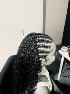 Half Cornrows Curly Hair, Curly Hair With Cornrows, Half Braids Half Curls Short Hair, Braids To Curly Hair, Braids Going To The Back With Curls, Half Braid Half Curly Natural Hair, Braids To Do On Natural Hair, 2 Braids In Front Curly Hair In Back Natural, Curly Game Day Hair