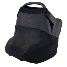 a black and grey bag with mesh on the front, sitting against a white background