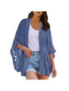 BZB Crochet Cardigan Sweaters For Women Open Front Kimono Batwing Sleeve Plain Casual Lightweight Outerwear Blue Casual  Three Quarter Length Sleeve  Plain    Women Clothing, size features are:Bust: ,Length: ,Sleeve Length: Crochet Cardigan Sweater, Cardigan Sweaters, Lightweight Cardigan, Cardigan Sweaters For Women, Crochet Cardigan, Batwing Sleeve, Knitwear Women, Sweater Cardigan, Women Clothing