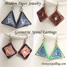 four different styles of geometric earrings on a white background with the words modern paper jewelry